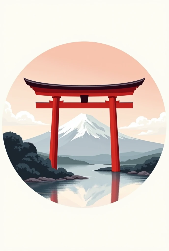 Generate a round shaped panel for a birthday with a Japan theme, the main object being a Torii and Mount Fuji, something very simple, Subtle. in drawing, the main colors being white and red. all in high resolution