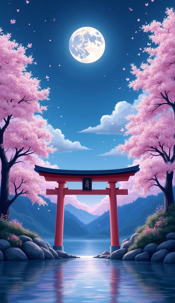 full moon Night Sky cherry blossoms torii beautiful Japan