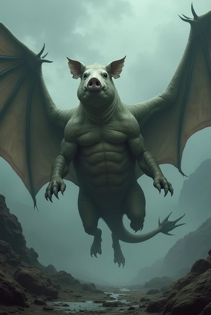 mythical creature, mixture of stingray and pork, dark fantasy, Full body view