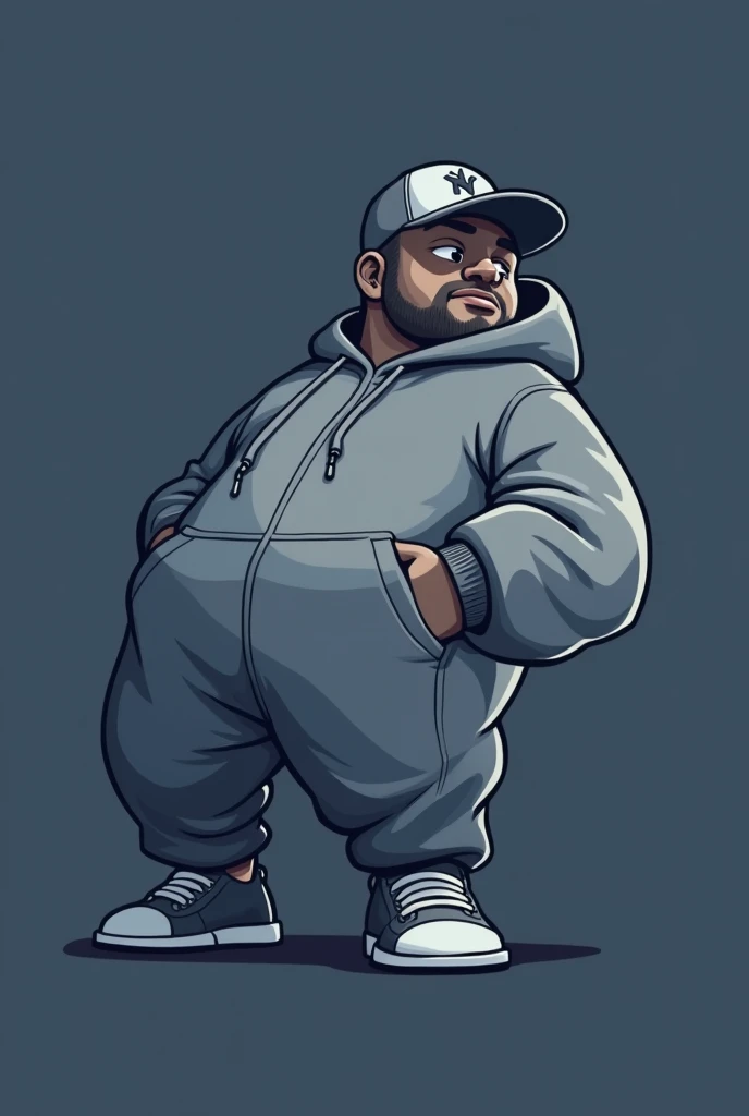 cartoon man with big, wide pants, , in a hoodie and a cap  