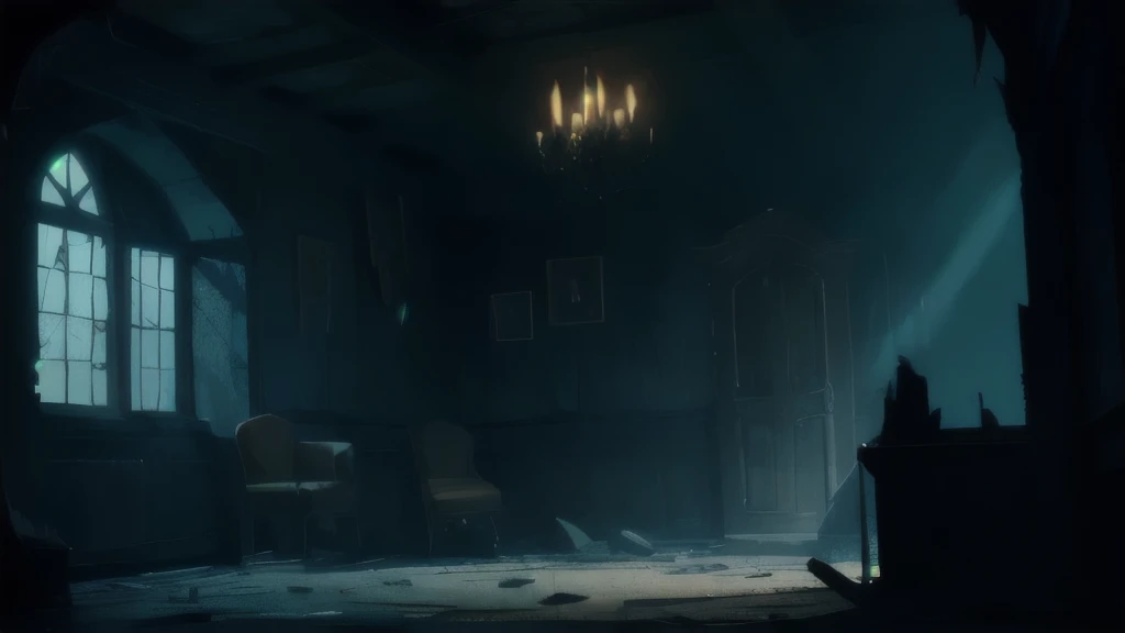 dark, no light, Everything is ruined, Broken furniture, torn wallpaper, fog, ominous atmosphere, scary, No people, gothic style room, scary, night, no light, No people, old dusty attic, rotten boards