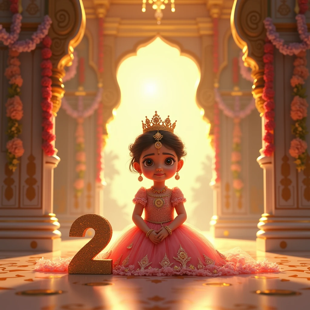 A realistic image of a cute little indian baby girl as a Princess, in very big and beautiful house and in house there are all around gold , wearing a crown and a royal attire and she is very very beautiful and gorgeous and besides her is a large size '2' cutout , indicating that its her second birthday. Bright, bold and colorful image, Flower garlands can be seen hanging from the palace archs, seems like a celebration time in the palace