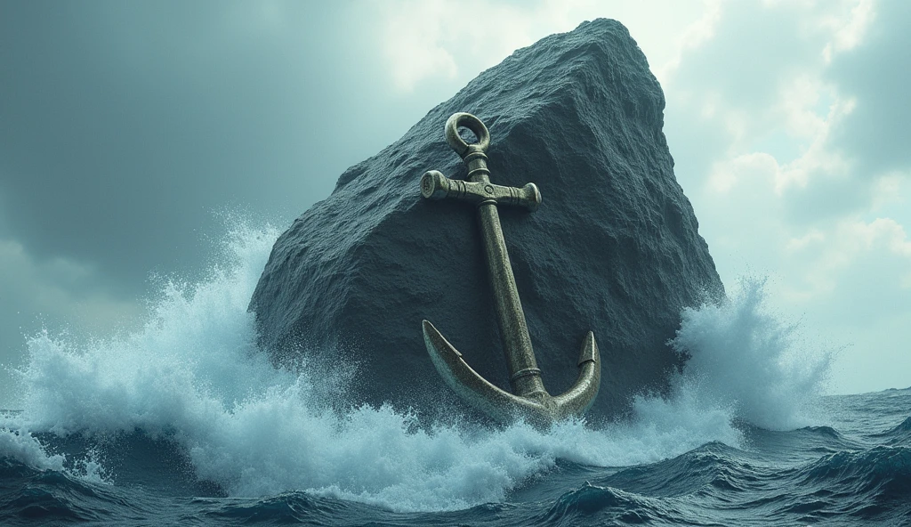 A large, immovable rock standing strong amidst crashing waves, with an anchor securely tied to it, symbolizing stability and unwavering strength in the face of adversity. ar 16:9
