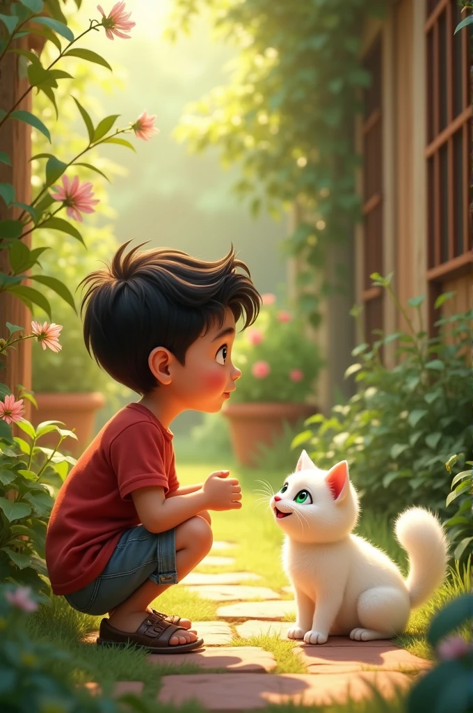 Once upon a time, there was a young boy named Rafi who found a stray cat in his backyard. The cat was small, with soft white fur and bright green eyes.