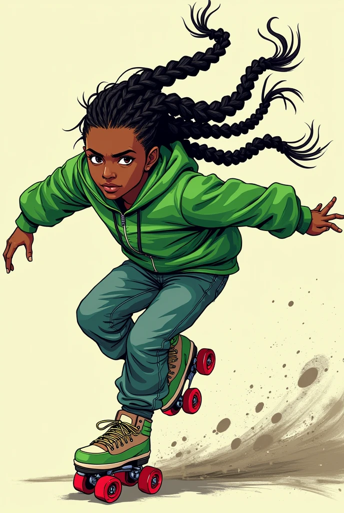 manga character, adolescent boy, peau noir, long braided hair, green jacket , roller dancer