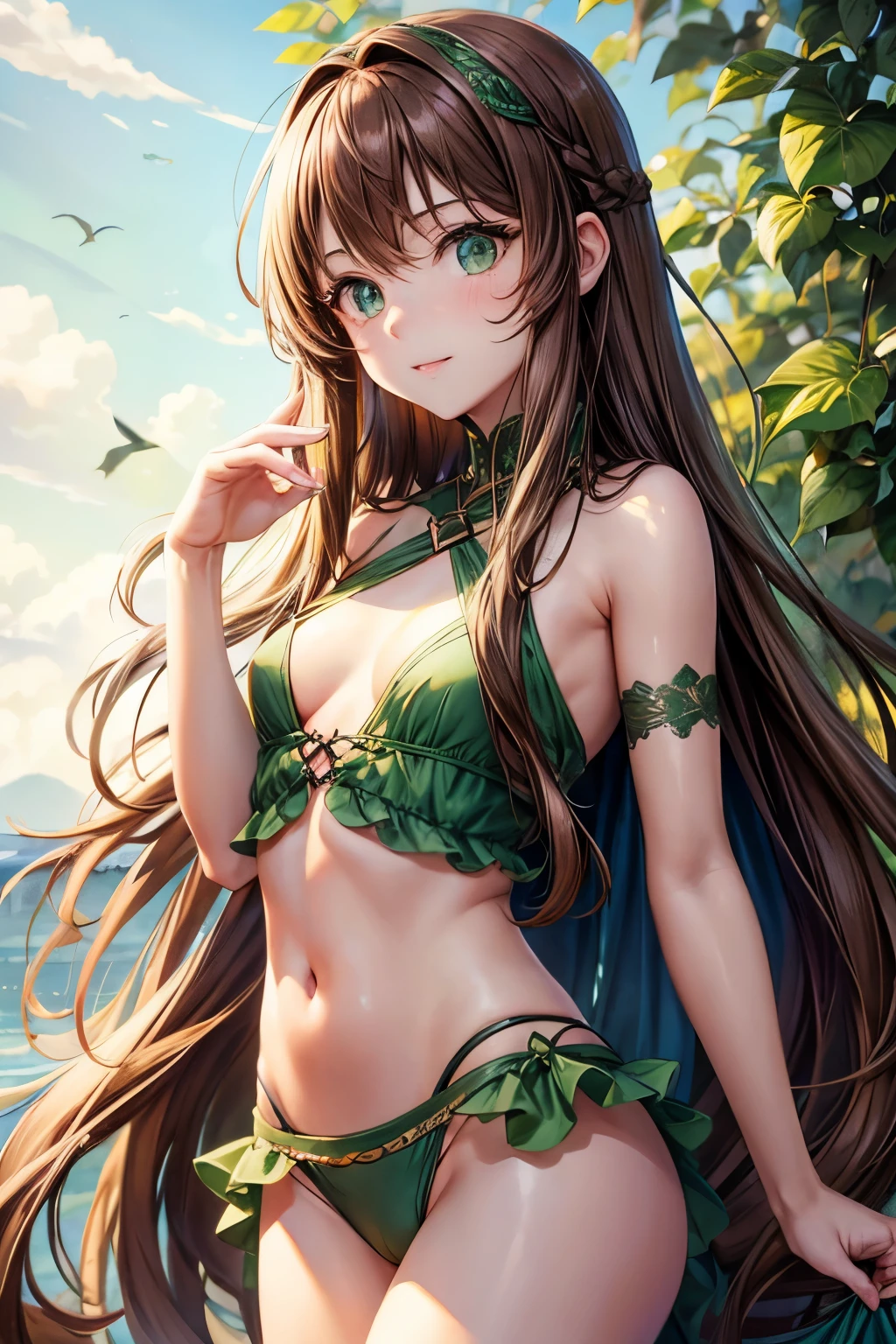 Long brown hair, green eyes, girl, small breasts