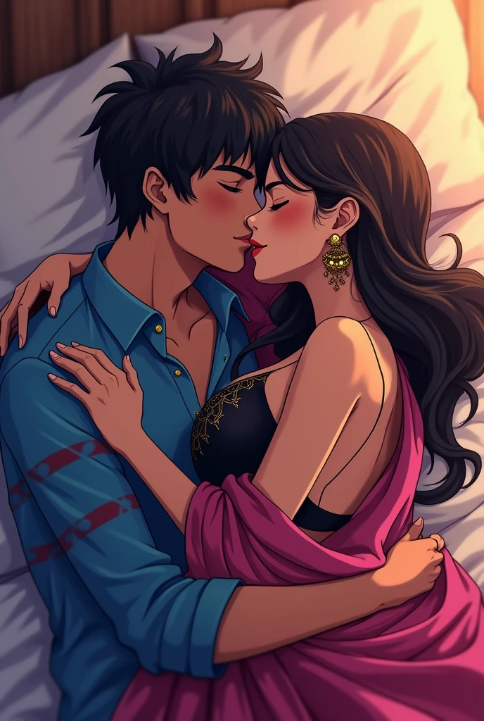 make indian anime couple bad bed sex scene: dono  hai. Dono bed pe so rahe hai. ladke ne blue shirt penna Hai jispe red aur blue color ki lines Hai aur ladki ne backless black Indian kurta aur left kandhe pe pink dupatta penna Hai jispe beautiful design he. Ladke ne ladki oo kamar se tightly pakda hua hai. Dono ek dusre se chipke hue hai. Dono ek dusre ko lip kiss kar rahe hai aur dono ke lips ek dusre se touch kar rahe hai. Dono full romantic aur sex karne ke mood me hai. Dono ek dusre ke sath hot sex Kar rahe hai aur enjoy kar rahe hai. 