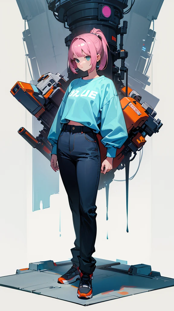 a girl, standing, full body view, wearing a shirt and pants,