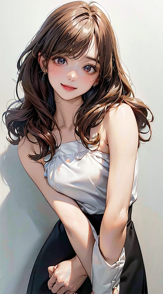 (Highest quality、8k、32K、masterpiece)、(Realistic)、(Photorealistic:1.2)、(High resolution)、Very detailed、Very beautiful face and eyes、1 person、Round and small face、Narrow waist、Delicate body、(Highest quality、Attention to detail、Rich skin detail)、(Highest quality、8k、Oil paints:1.2)、Very detailed、(Realistic、Realistic:1.37)、Bright colors、(((Curly Hair))), (((Long Hair))), (((Bust Shot)))、(((Small breasts)))、(((Even bangs)))、(((Pure white wall background)))、(((Pure white wall background)))、(((She has a happy expression)))、(((Strapless blouse))), (((Look straight ahead)))、(((The skirt is short)))、