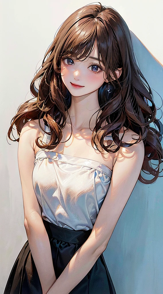 (Highest quality、8k、32K、masterpiece)、(Realistic)、(Photorealistic:1.2)、(High resolution)、Very detailed、Very beautiful face and eyes、1 person、Round and small face、Narrow waist、Delicate body、(Highest quality、Attention to detail、Rich skin detail)、(Highest quality、8k、Oil paints:1.2)、Very detailed、(Realistic、Realistic:1.37)、Bright colors、(((Curly Hair))), (((Long Hair))), (((Bust Shot)))、(((Small breasts)))、(((Even bangs)))、(((Pure white wall background)))、(((Pure white wall background)))、(((She has a happy expression)))、(((Strapless blouse))), (((Look straight ahead)))、(((The skirt is short)))、