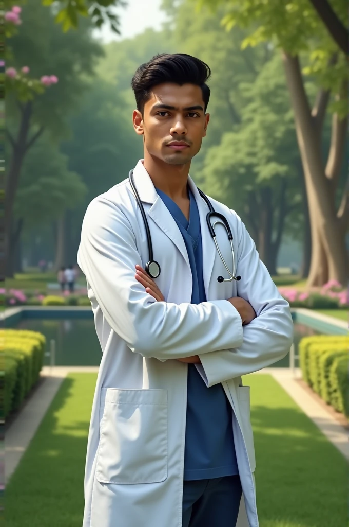 17year old Indian boy handsome wearing doctor dress posing for park in background