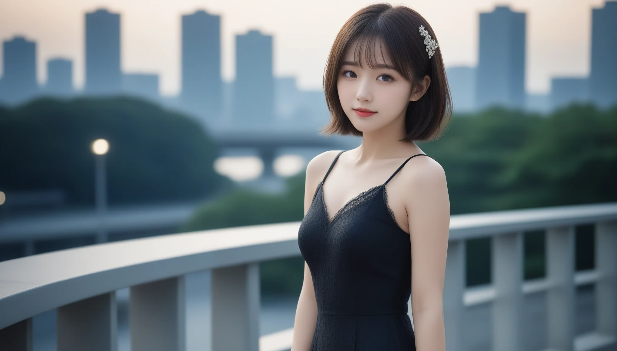 8k, Ultra-high resolution, Highest quality, masterpiece, 三分割法によるphotograph,Surreal, photograph, 1 , (:1.3), cute, cute顔, 細部までBeautiful Eyes, 細かくdetailedに,masterpiece,One Girl:1.2,Japanese women,Young Wife,cowboy shot,smile,Black hair,Bob with bangs,(Black lace evening dress:1.3),Pencil Skirt,bride,standing on a bridge,Buildings background,Woman Turning Around,Dazzling night view,(Beautiful attention to detail),Subtle details, detailedな顔, smile,attractive,(のポートレートphotograph:1.4),(Photorealistic images:1.4),Fantasy art,(Beautiful Face:1.4),美しくattractive目、Beautiful Eyes、(Tight waist:1.4)、(Beautiful with perfect body proportions:1.4),Pink Lips,Looking at the audience,(((Ideal body type))),A-cup small breasts :2,、Portraiture:2、Perfect Anatomy、鮮明なdetailed、detailed,Fashion magazine cover,Thin lips,完璧でBeautiful Face ,完璧でcute顔, Skin with attention to detail, Perfect limbs、Narrow waist,Surreal,Light and shadow,moonlight