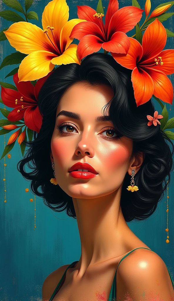 Step into the vibrant art scene of the 1960s with this visual prompt, channeling the spirit of Alejandro Obregón. Imagine a captivating scene featuring a high-quality portrait of a beautiful woman adorned with tropical flowers in her hair, set against a backdrop that mirrors Obregón's distinctive style from the 1960s. Embrace the rich and luminous abstract palette characteristic of the era. Capture the essence of Obregón's 'informalist' approach through bold and expressive brushstrokes, incorporating abstract and non-geometric forms. Craft a visually striking masterpiece that blends tropical allure with the tactile and vibrant energy of the 1960s. Ensure the woman's gaze is directed at the viewer, adding an intimate connection that draws observers into the scene.
