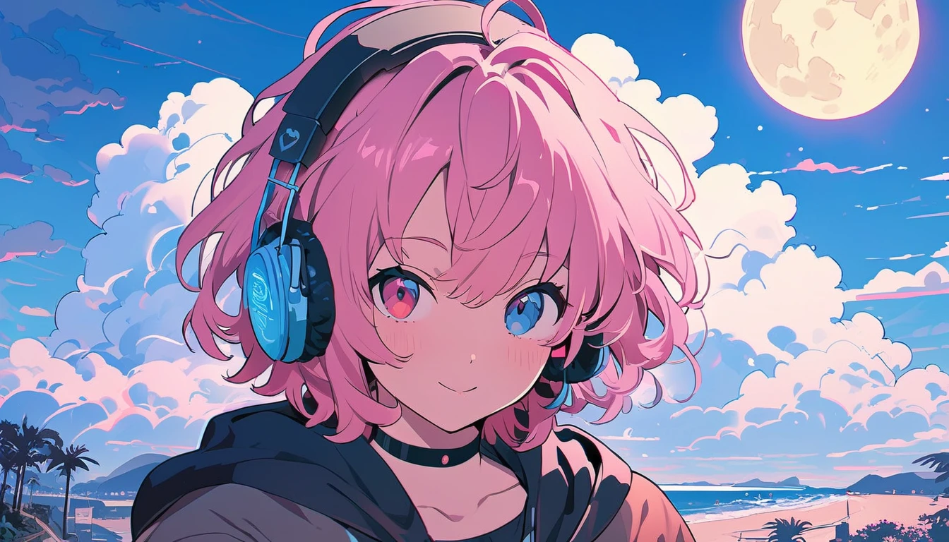 (extremely detailed CG unity 8k wallpaper), (best quality), (best illustration), (best shadow), realistic lighting, beautiful detailed reglow, masterpiece, best quality, lofi artstyle, lofi art, 80s anime style, Retro, Lofi, 1boy, Night, black choker, blue sky, choker, cloud, cross, day, heterochromia, hood, hood down, jacket, jewelry, long sleeves, looking at viewer, male focus, moon, outdoors, piercing, pink hair, short hair, sky, solo, vampire, virtual youtuber, Using Headphone, calm face, close eyes