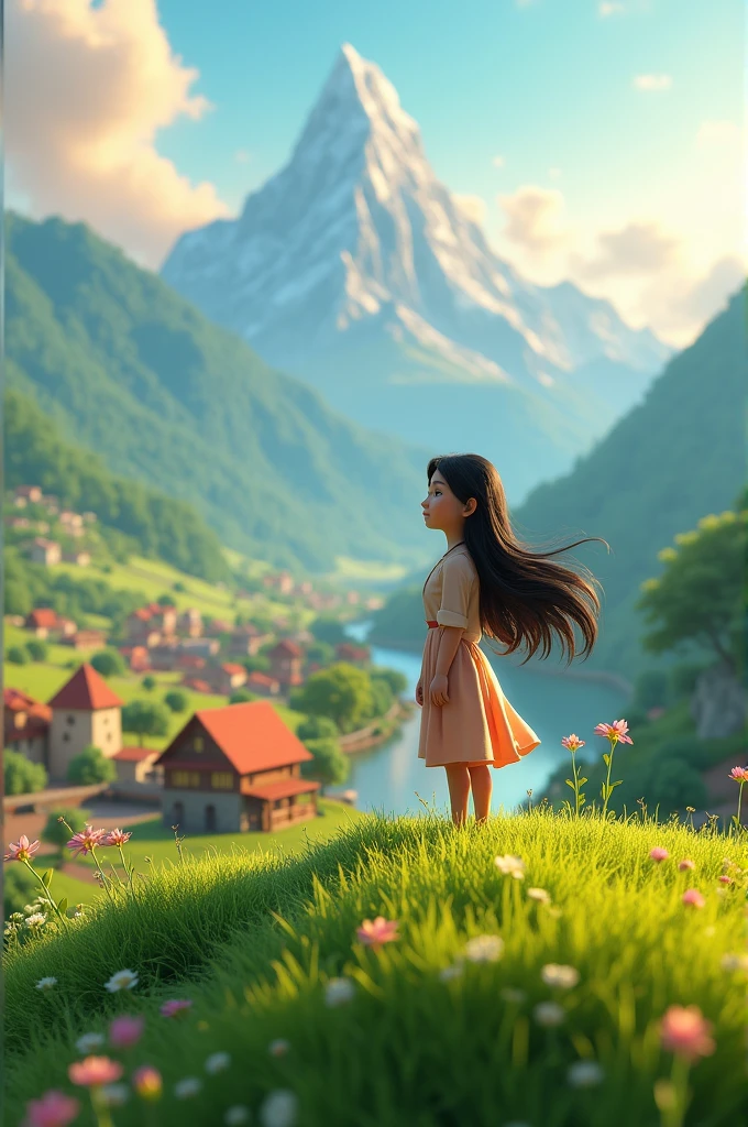 In cenamatic 3d cartoon style "Muskan, a young woman with long, flowing hair, standing on a lush green hilltop in a small, picturesque village surrounded by mountains. The morning sun casts a golden glow on the village, and Muskan is looking out over the valley, her face reflecting a sense of peace and contentment."