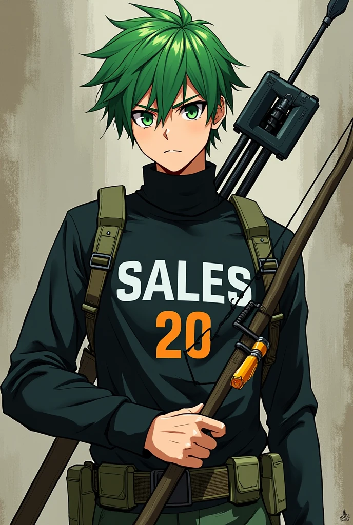 Anime theme brown color military type green hair black turtleneck shirt with the name SALES 20 in capital letters and a hunter style bow and arrow male character 