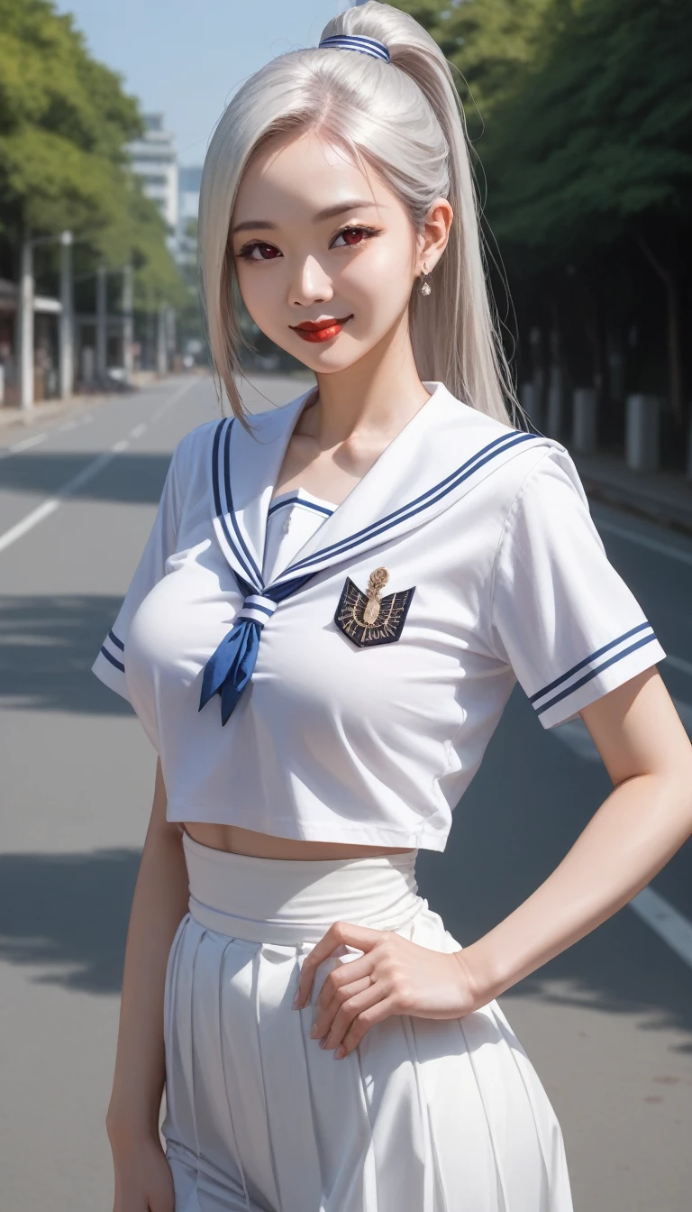 Top ponytail, silver hair, red eyes, red lips, waist-length hair, large breasts, ball-shaped breasts, cleavage, tight waist, beautiful Japanese woman, five fingers, reality, smiling, full body, wearing a short sailor uniform and miniskirt on her way to school