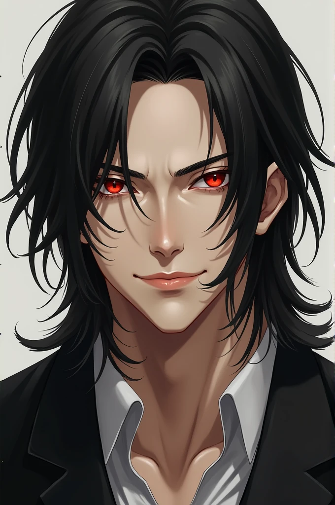 Japanese man with black long hair, seductive red eyes, with a cheeky smirk