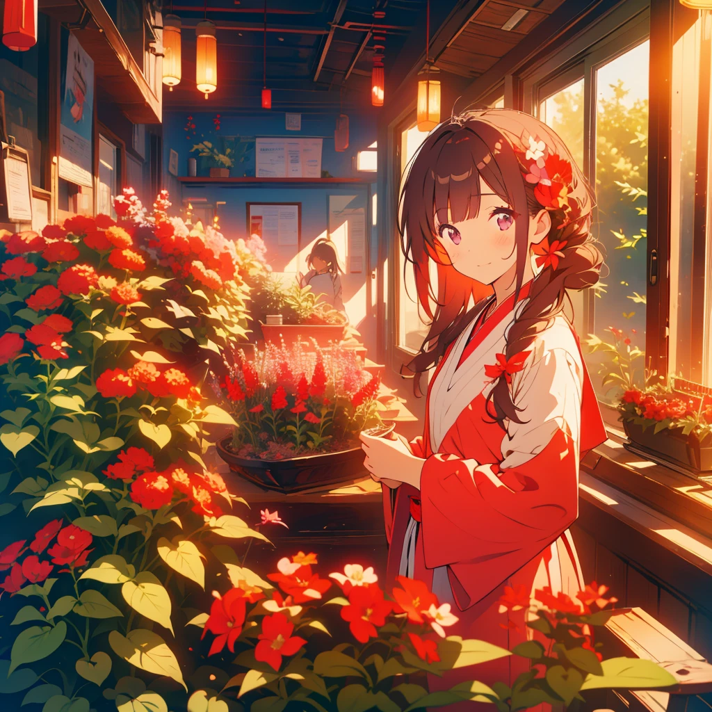 Red salvia flowers blooming、Girl