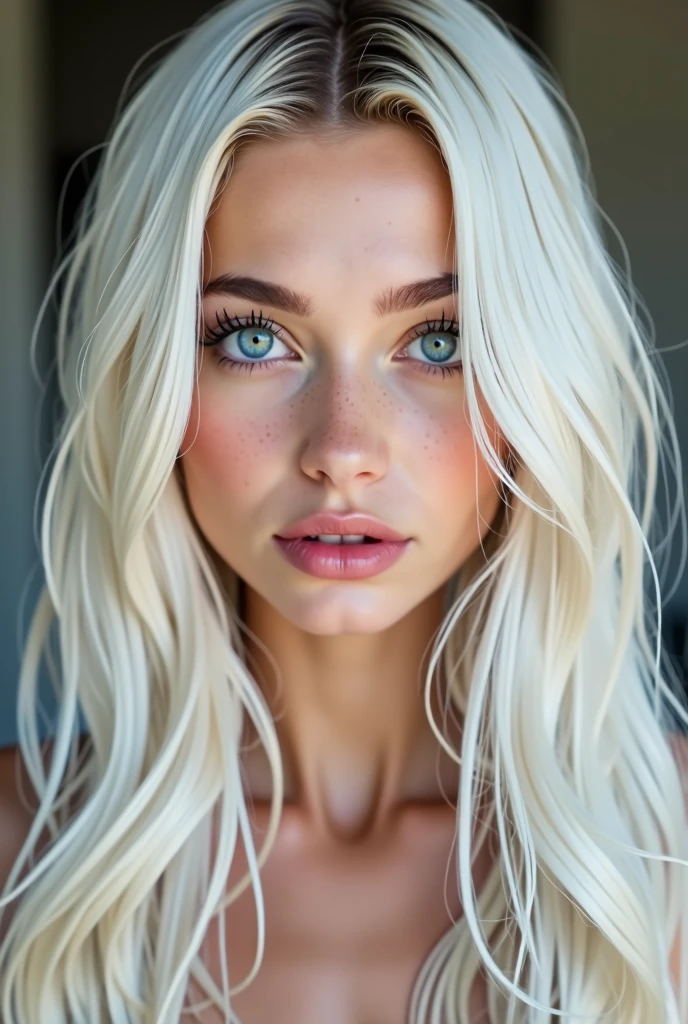 A girl with long white-blonde hair,light skin, full pink lips, dark blue eyes, high cheekbones. oval face