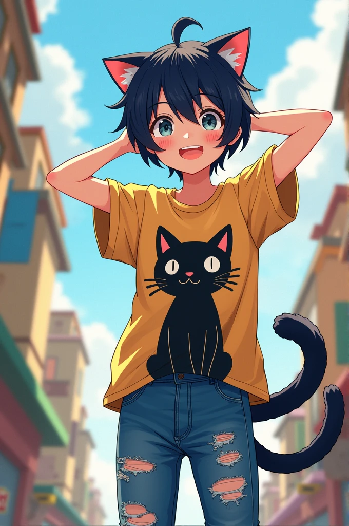 Create a character named Kaito, an 18-year-old neko boy with short, messy dark blue hair. He has black cat ears and a long tail that moves depending on his mood. Kaito is playful and loves to make jokes, but he also has a sensitive side. He wears an oversized cat-print t-shirt and ripped jeans.