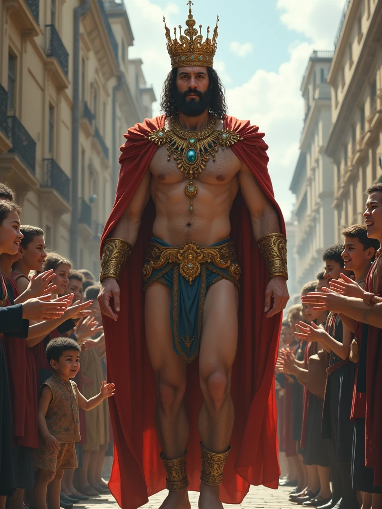Create an image of a regal, yet naked, king parading through a city street, while a crowd applauds with forced smiles and hesitant claps. Somewhere in the scene, a child is seen, either far away or hidden in the crowd, with a look of truth and bravery, about to question the king.