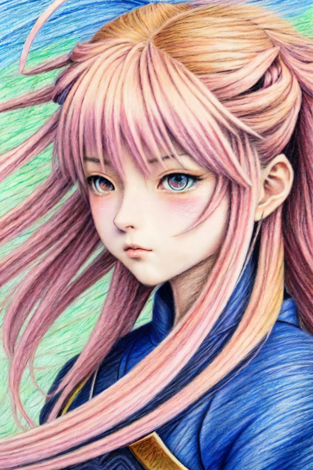 Colored pencil art Colored pencil anime style Colored pencil anime art 8K high quality pastelcolor delicate thin lines in detail female swordsman Japanese female shogi player strong and beautiful perfect face perfect style perfect reproduction perfect reproduction expression