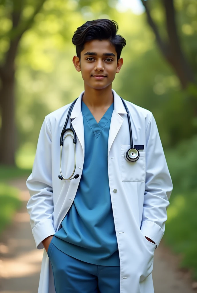 16year old Indian boy handsome wearing doctor dress posing for  park in background