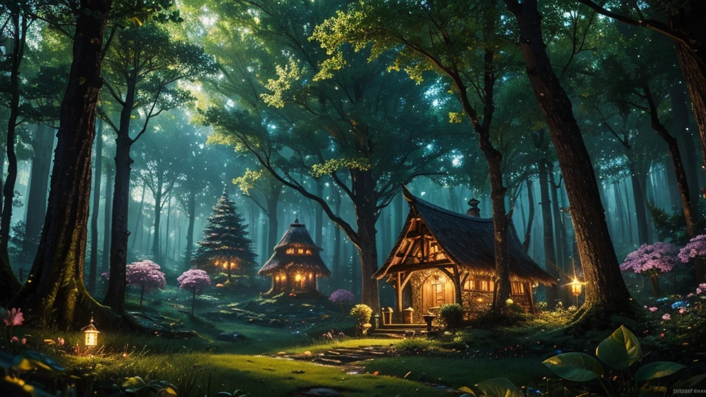 ((masterpiece)),((Highest quality)),((High Detail)), nobody, background, Mysterious Forest, Big tree, Fairy Village, Glowing Flower, Sparkling, magic