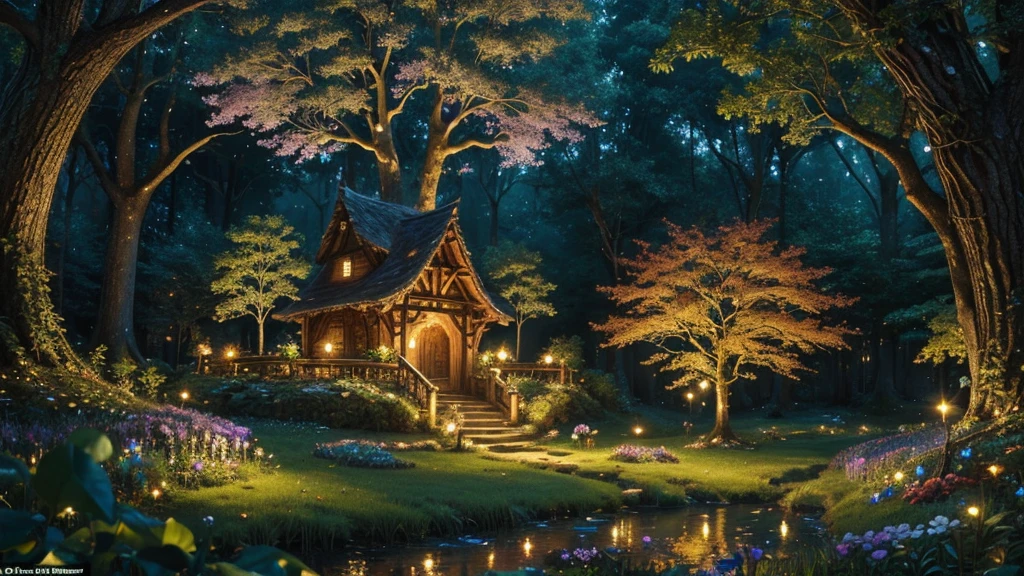 ((masterpiece)),((Highest quality)),((High Detail)), nobody, background, Mysterious Forest, Big tree, Fairy Village, Glowing Flower, Sparkling, magic