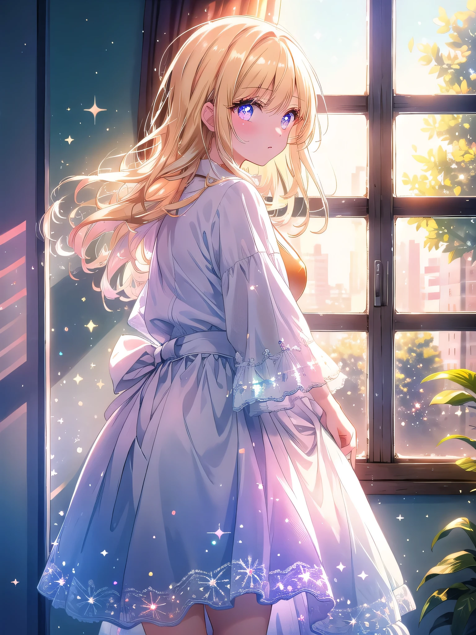 ((8k, Highest quality, masterpiece: 1.3)),Ultra-high resolution,(1 girl, alone), (Color changing eyes, Ultra-detailed, Expressive brilliance, Glitter, Glowing Eyes), Highly detailed eyes, Highly detailed face, Random Hair, ((pastel colour)),A young woman with light blonde, shoulder-length hair stands near the window in her bedroom, wearing a men’s oversized white dress shirt. The shirt is buttoned just once at the top, leaving her orange bikini clearly visible. She’s looking out of the window, with one arm resting on the windowsill and the other gently tugging at the shirt’s hem, creating a natural and relaxed pose. The soft afternoon sunlight casts a warm glow across the room, accentuating her silhouette. The camera angle is from the side, capturing both the outdoor view and her casual yet confident stance.