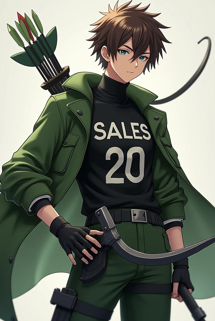 Anime theme brown color green military type hair black turtleneck shirt with the name SALES 20 in capital letters and a hunter style bow and arrow 3D male character
