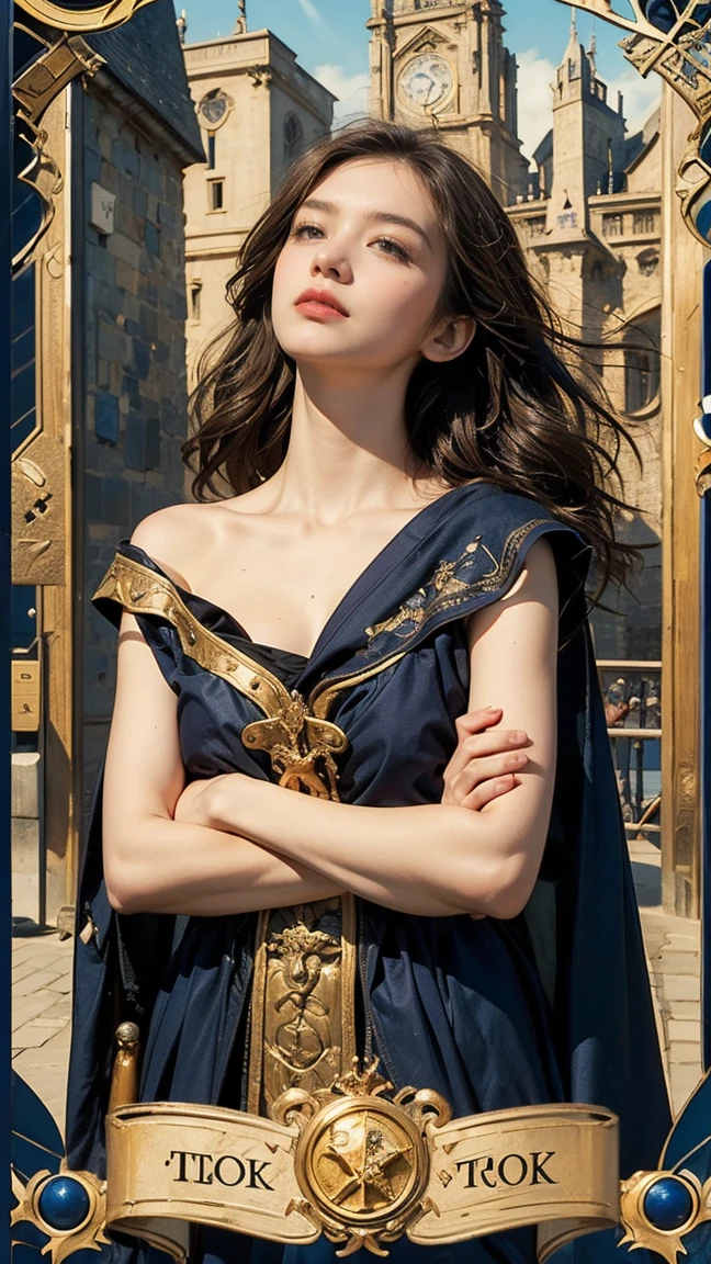 Highest quality、masterpiece、タロットcard、Balance scale、(Morgan Greer Tarot:1.2)、Retro art style、Thick outline、English text、Roman numerals、card、(Install the frame properly:1.2)、(タロットcard風の枠:1.5)、((Medieval Europe、Arms crossed, thought、thoughtる人のポーズ、Look up、Beautiful woman thought:1.5))