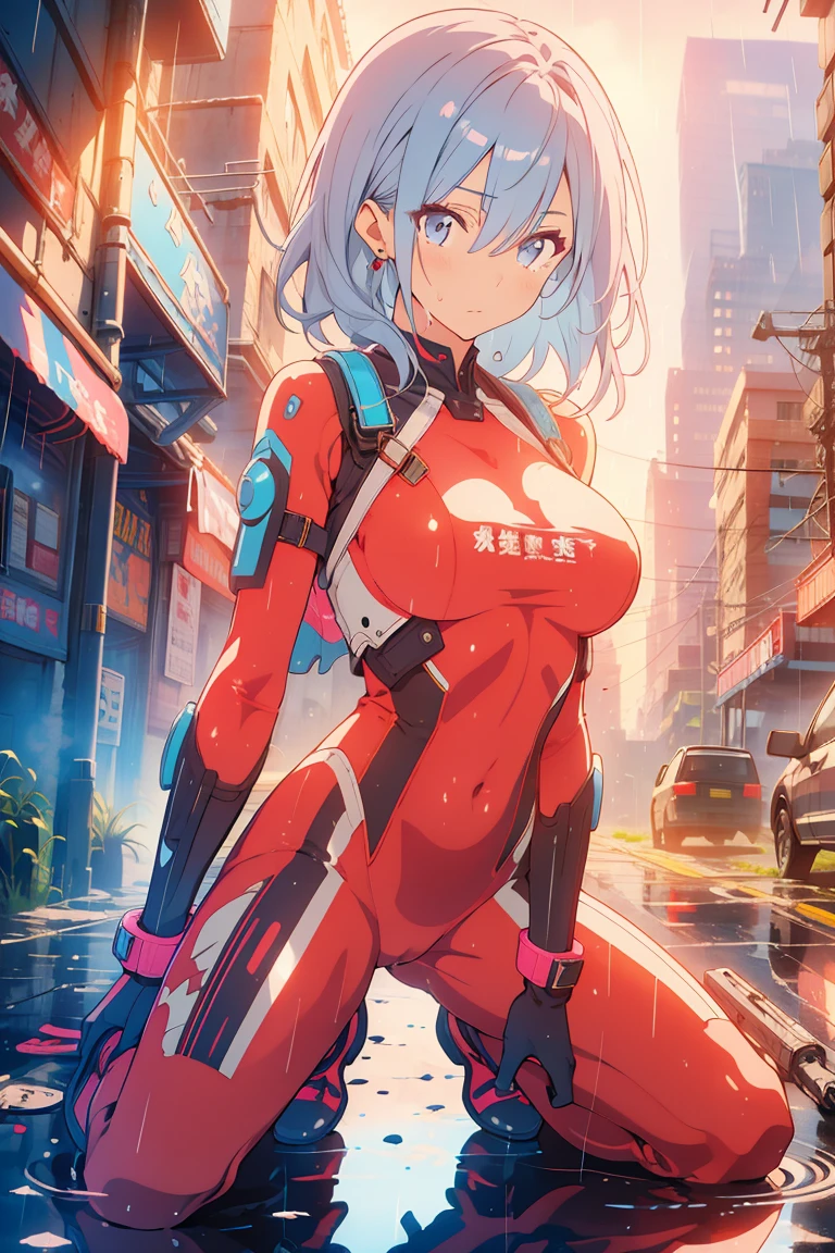 ((masterpiece)), ((best quality)), perfect detailed eyes, perfect detailed face, light blue hair, hair over shoulder, (pink bodysuit), armed shoulders, armed arms, sci-fi movie warrior, shiny costume, Cute girl, detailed face, fine details, diffused reflection of light behind, It's raining, kneeling in the rain