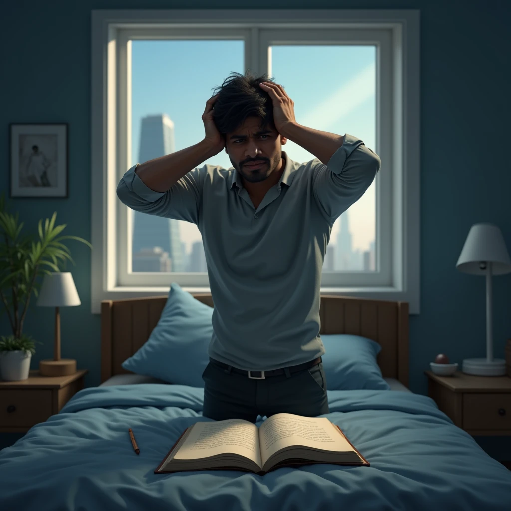 Vijay standing on his bed holding his head in despair after losing his job,the diary lying open next to him on the bed reflecting his turmoil young man