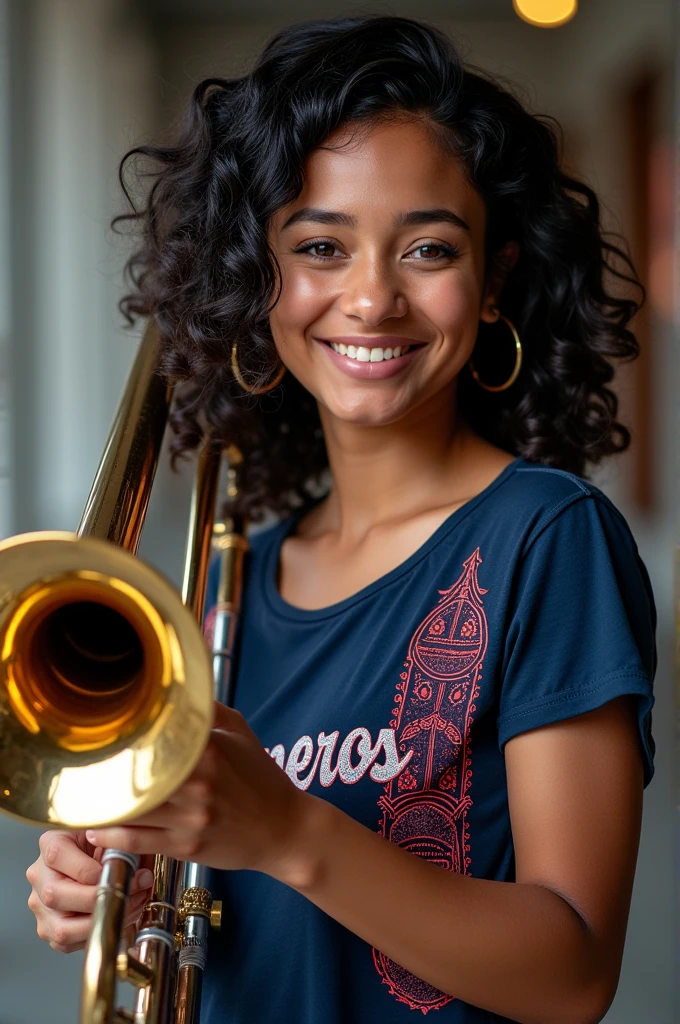 Woman wearing a navy blue t-shirt with red and white details that says "Cisneros" with trombone