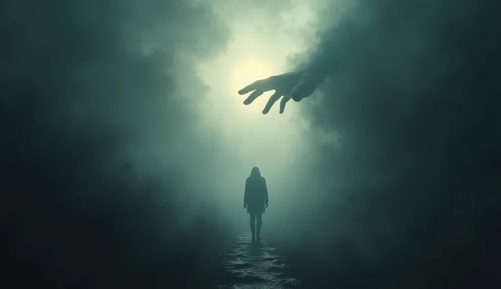 A gentle and reassuring hand reaching out to a person walking through a dark and misty path, symbolizing divine guidance and the promise of never being alone. ar 16:9
