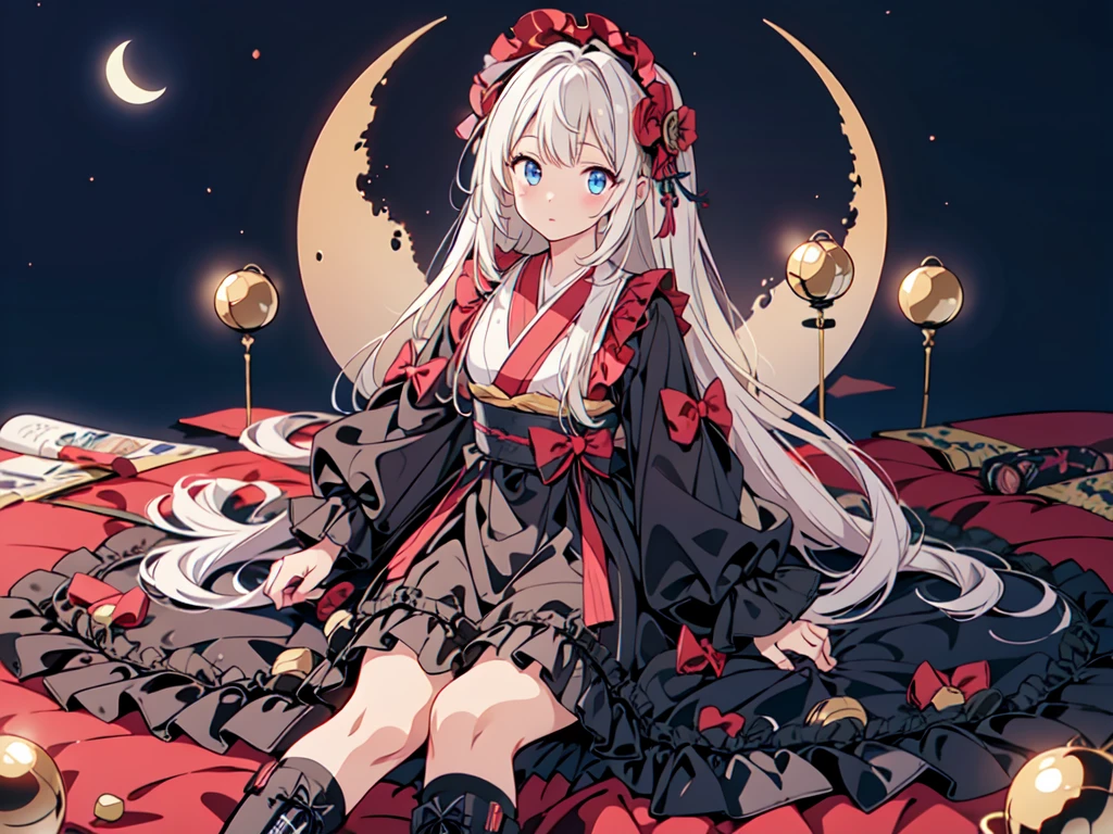Star Fairy、(masterpiece, highest quality), One girl, Sitting on the crescent moon、「Beautifully printed galaxy patterned kimono and gothic lolita outfits.、Space Pattern Ruffle Box Pleated Mini Skirt、Frontal portrait、Knee-high boots、Captivating eyes、Perfect and amazing face、Exquisite detail、Clear images、highest quality。」Milky white and light blue gradient long straight hair、