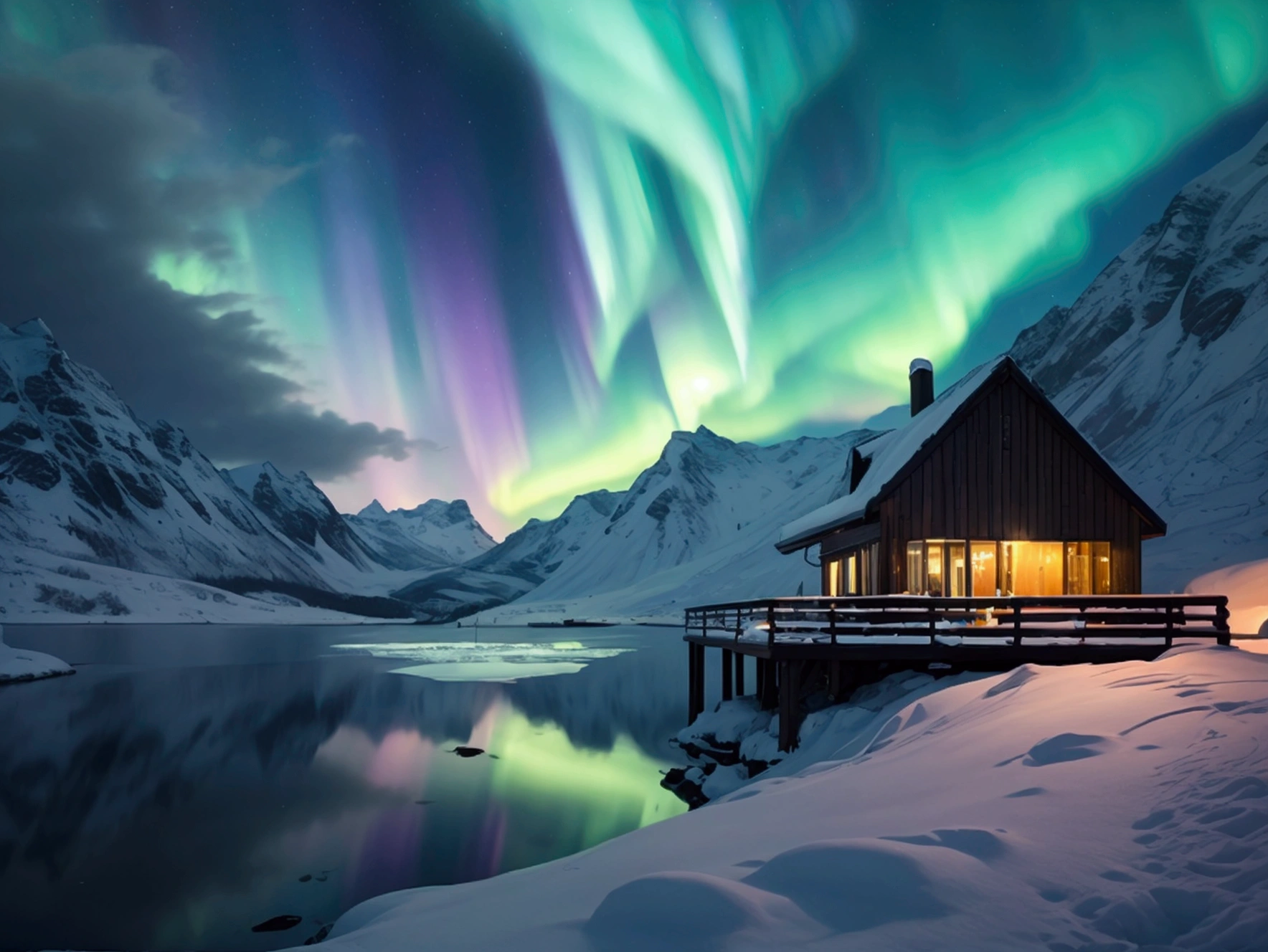 Aurora Borealis Sky、Snowy Mountain、lake、Photogenic beauty、Real