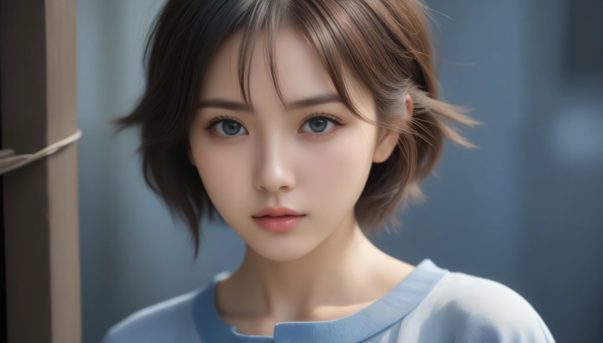 8k, Ultra-high resolution, Highest quality, masterpiece, 三分割法によるphotograph,Surreal, photograph, 1 , (:1.3), cute, cute顔, 細部までBeautiful Eyes, 細かくdetailedに,masterpiece,One Girl:1.2,Japanese women,Young Wife,cowboy shot,glaring,Black short hair,messy hair,(Dirty work clothes:1.3),Staring through the wire mesh,Blue Collar,Factory wall,(Beautiful attention to detail),Subtle details, detailedな顔,anger,Attractive eyes,(ポートレートphotograph:1.4),(Photorealistic images:1.4),Fantasy art,(Beautiful Face:1.4),美しくAttractive eyes、Beautiful Eyes、Grayscale 16Bits(Tight waist:1.4)、(Beautiful with perfect body proportions:1.4),Pink Lips,Looking at the audience,(((Ideal body type))),A-cup small breasts :2,、Portraiture:2、Perfect ???????、鮮明なdetailed、detailed,Fashion magazine cover,Thin lips,完璧でBeautiful Face ,完璧でcute顔, Skin with attention to detail, Perfect limbs、Narrow waist,Surreal,Light and shadow,backlighting