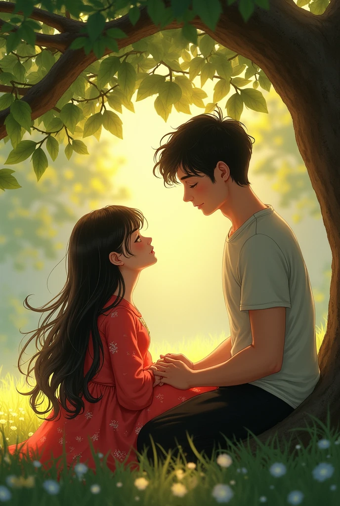 A girl wearing a red flowered dress sitting under a tree and a broad-shouldered man wearing black pants and a t-shirt holding her hand next to him