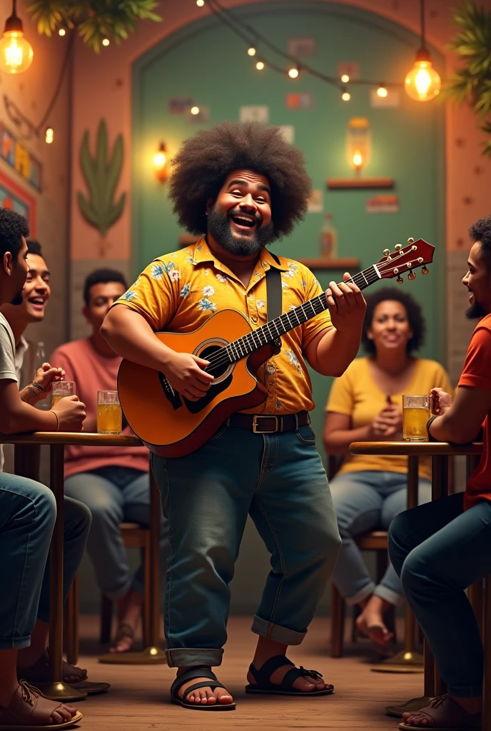 Pot-bellied man with curly hair playing pagode at a bar with friends