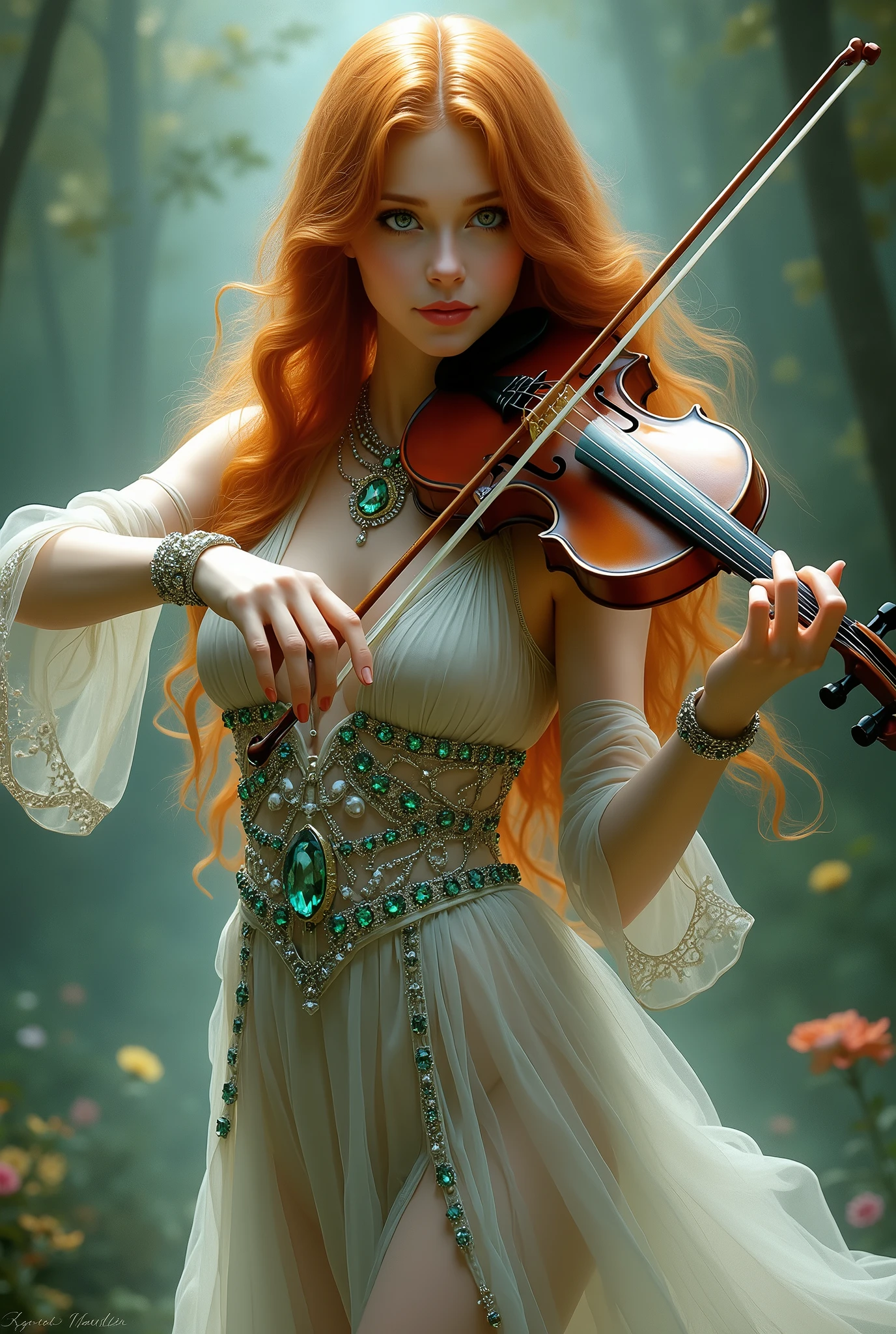 A fantasy, beautiful girl playing violi, she's wearing a transparent dress, she has large breast and long ginger hair, her dress is very low cut revealing clearage, she is wearing emeralds and silver,