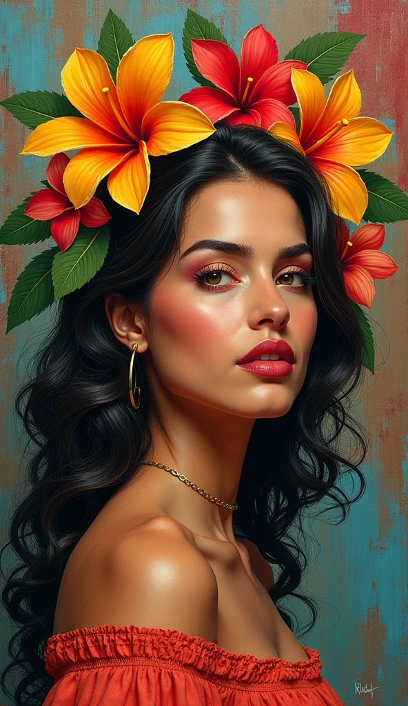 Step into the vibrant art scene of the 1960s with this visual prompt, channeling the spirit of Alejandro Obregón. Imagine a captivating scene featuring a high-quality portrait of a beautiful woman adorned with tropical flowers in her hair, set against a backdrop that mirrors Obregón's distinctive style from the 1960s. Embrace the rich and luminous abstract palette characteristic of the era. Capture the essence of Obregón's 'informalist' approach through bold and expressive brushstrokes, incorporating abstract and non-geometric forms. Craft a visually striking masterpiece that blends tropical allure with the tactile and vibrant energy of the 1960s. Ensure the woman's gaze is directed at the viewer, adding an intimate connection that draws observers into the scene.