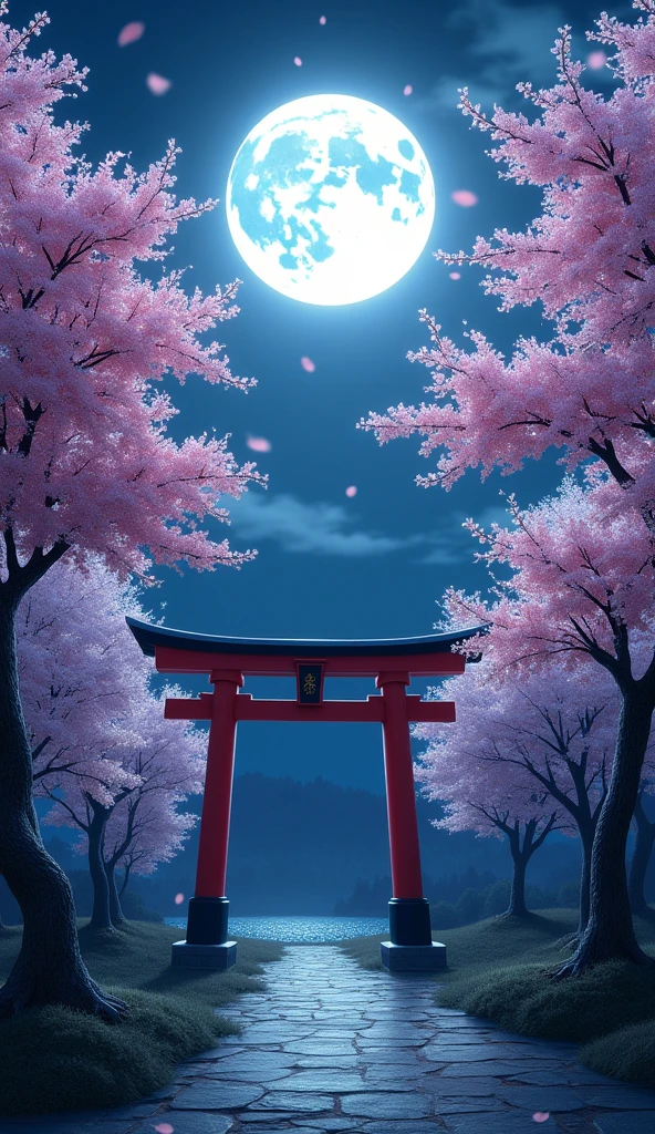 full moon　Night Sky　cherry blossoms　torii　beautiful　Japan　mysterious　high resolution　