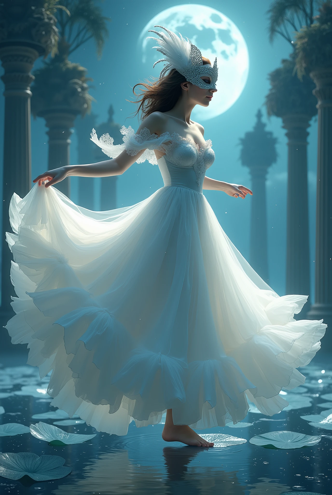 Best quality,4K,8 thousand.,a high resolution,masterpiece:1.2,Ultra detailed,realistic,photorealistic:1.37,portraits,illustrations,oil painting,rich colors,bright colors,soft lighting,detailed textures,long eyelashes,Lively eyes,detailed lips,mixed ethnicity girl,pretty haircut,wearing a masquerade a mask,flowy dress,dancing gracefully in a Venetian garden,when the moon shines on it,sparkling stars in the sky,romantic atmosphere,enchanted garden,fragrant flowers,Whispering Trees,pond with peaceful reflection,gentle breeze, sea,Quiet atmosphere,An extravagant theme,elegant pose,narrative composition,Majestic Columns,decorative a masks,hidden identities,fairytale setting,Night scene of magic,Mysterious charm,unearthly beauty,Artistic image. a mask,Close-up of a masked man, dreamy gothic girl, fire render, Beauty girl. ((full length, untouched graceful figure, nice legs, fast dance pose, brunette, beautiful face with expressive eyes, light white tones, fluffy skirt made of white lotus petals, Esbian Full Body, White background, daylight , light effect, minimalist, Sun, pure tenderness, soft lighting, Realism, woman, who dances on a giant petal of a white lotus flower(thin petals, soft veil, full background of flowing transparent blue petals, hovering flower one in hand - long stem above head, huge giant lotus flower, over her head, Smoke effect, fog, sea, mixed with lotus petals), ((pass-through)), masterpiece, ReV АнимированныелBest quality)), ((masterpiece)) , (In detail), 1 girl, off shoulder sweater,