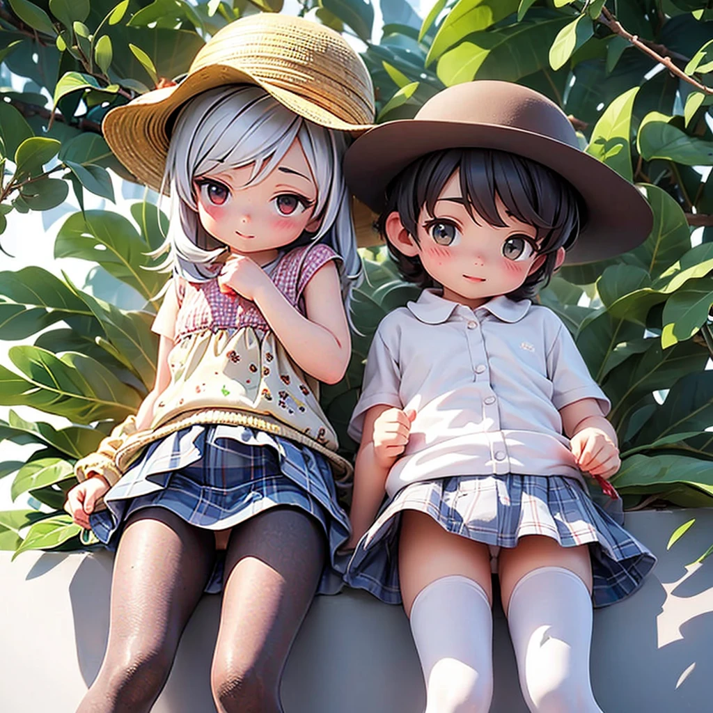 Underwear for two, Ages 5 to 10、Realistic made of patterned cotton fabric、Translucent slip、Skirt lining、Skirt flip、In shadow of a dark tree、Put your hands on your crotch、tights、Peeking from below
