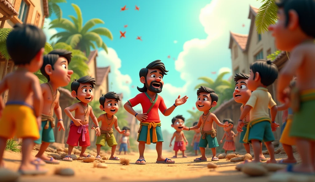 Generate 3d, Cinematic, vibrant Cartoon image.The villagers start working together, following Suraj’s advice.