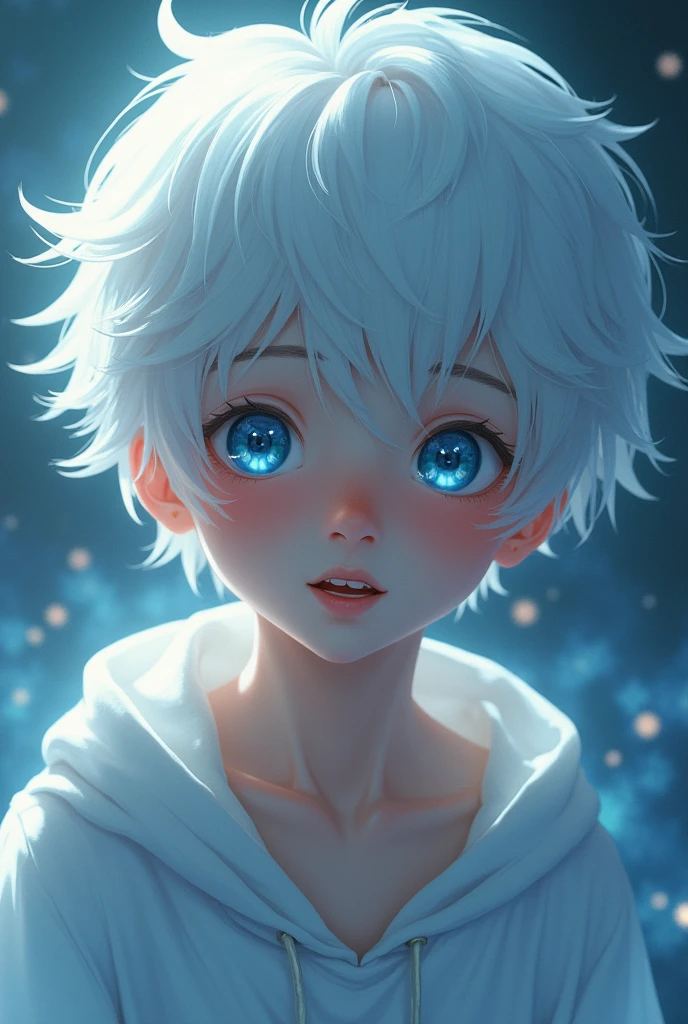Beautiful boy, white hair, blue eyes, short hair, sparkling, teenager, mischievous, slanted eyes, long narrow eyes, light shining through