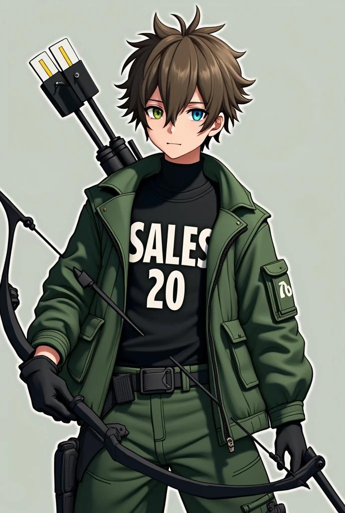Anime theme brown color green military type hair black turtleneck shirt with the name SALES 20 in capital letters and a hunter style bow and arrow 3D male character